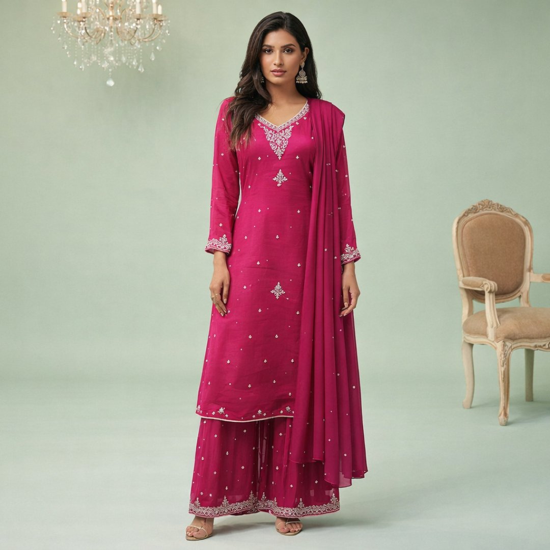 Fuchsia sharara set with silver buti work