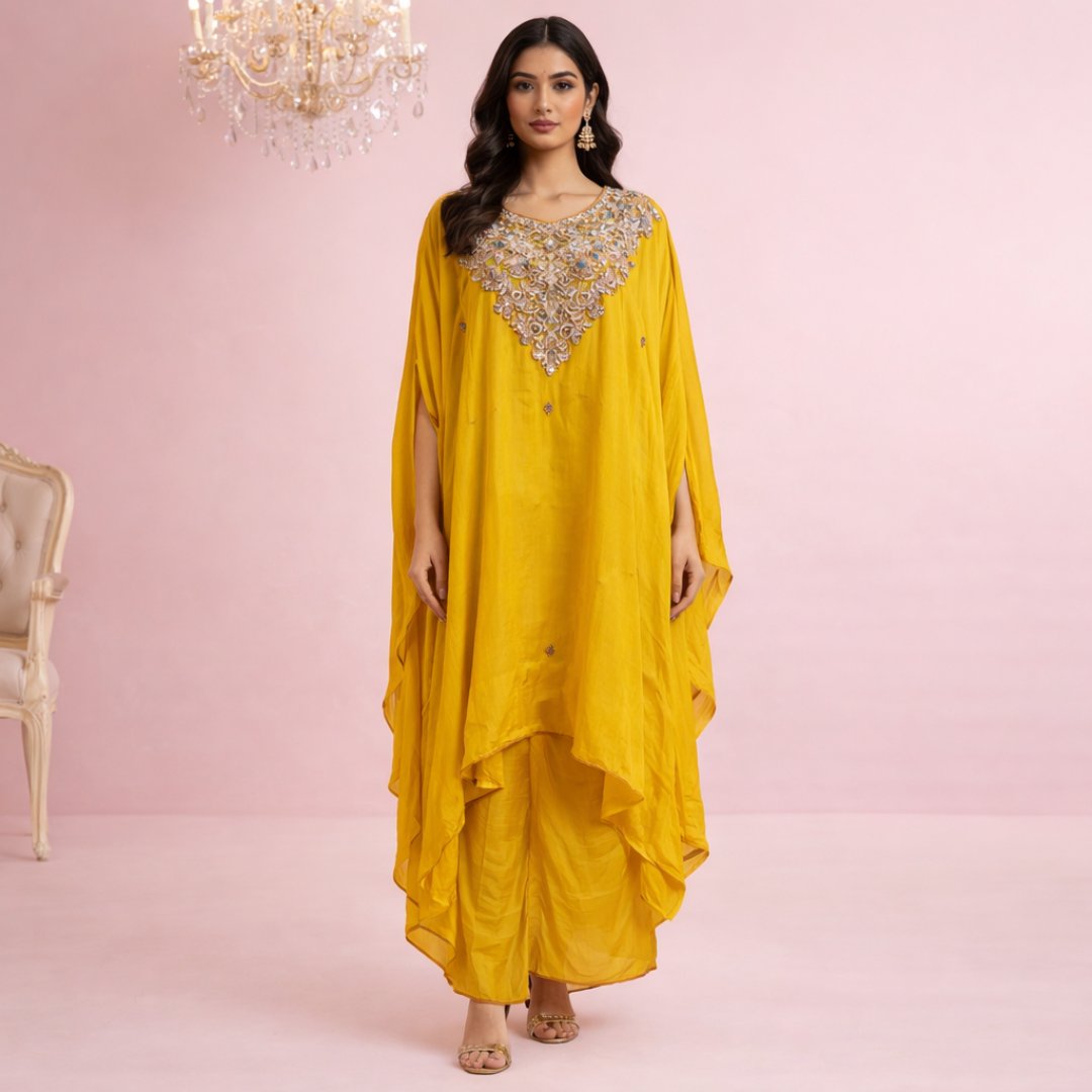 Marigold silk kaftan with embellished yoke