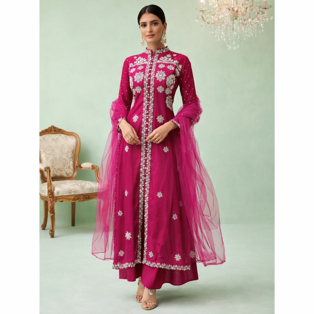 Rani pink embroidered kurta set with net dupatta