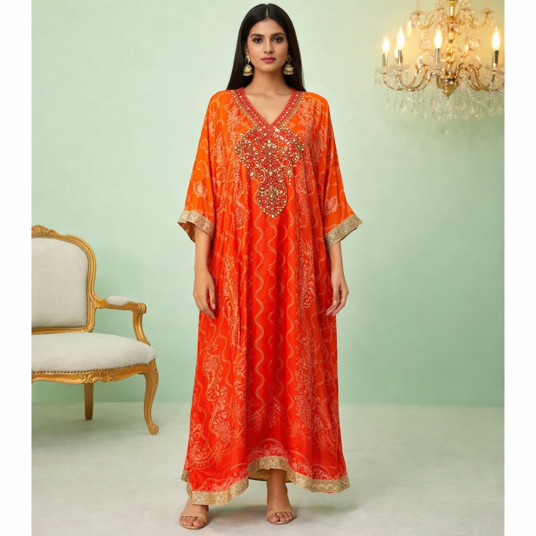 Tangerine printed kaftan with gold border